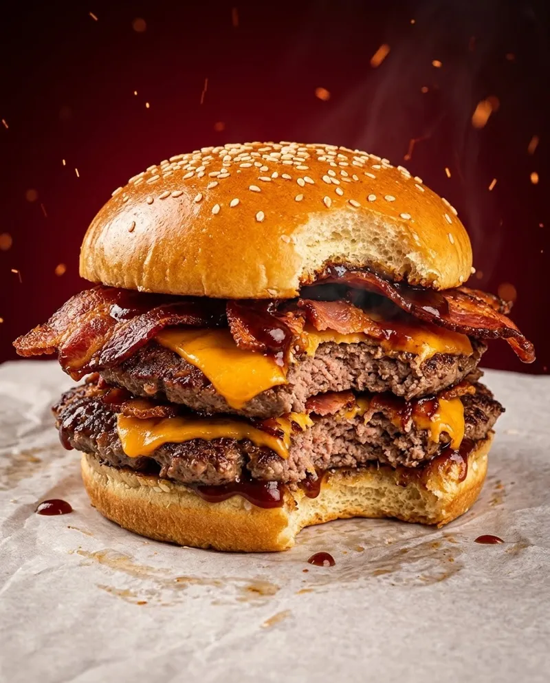 Burger de bacon com barbecue e uma mordida