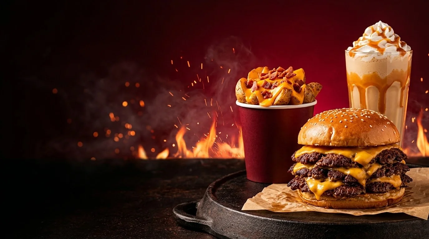 Combo com smash triplo, batata com cheddar e bacon e milkshake de doce de leite, com chamas ao fundo