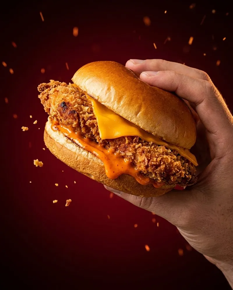 Burger de frango empanado crocante segurado na mão