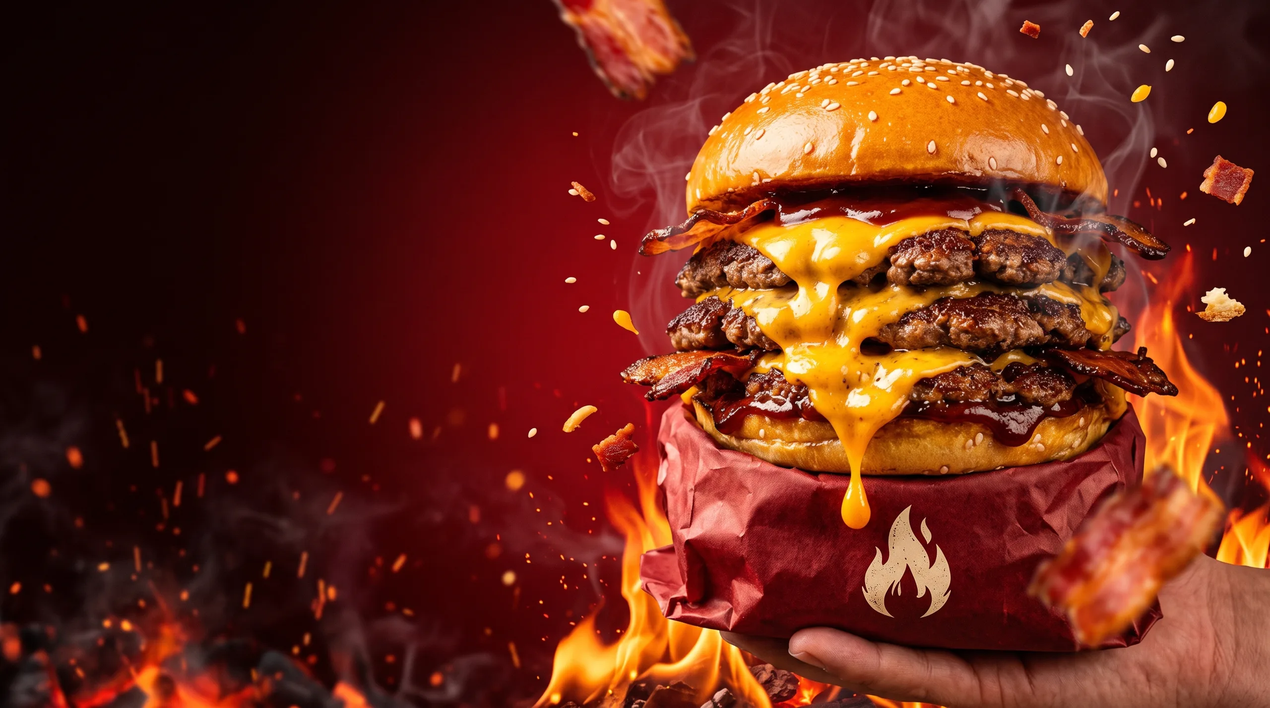 Smash burger triplo com cheddar escorrendo, segurado na mão em frente às chamas