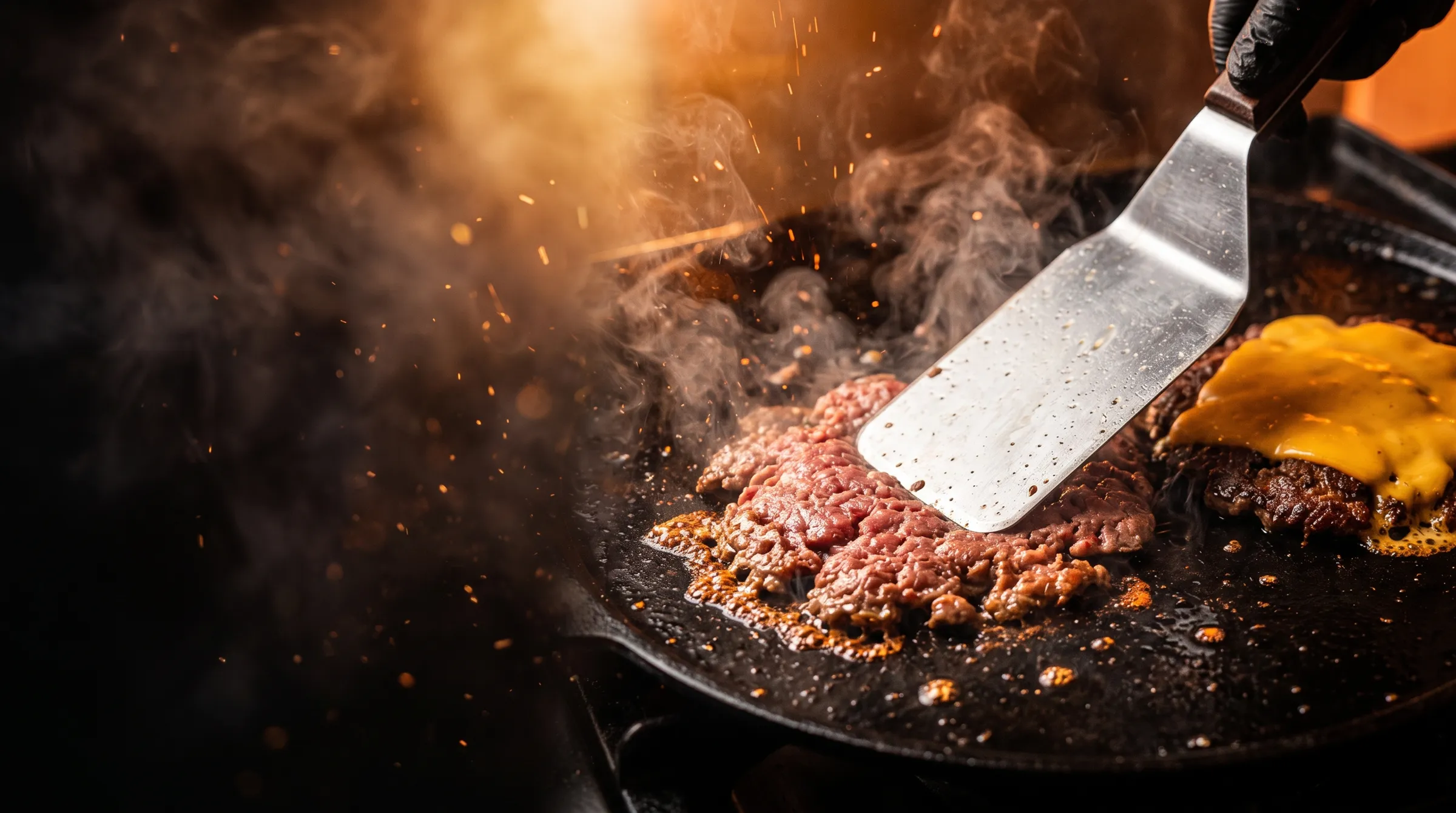 Espátula amassando a carne na chapa quente, com fumaça e cheddar derretendo ao lado